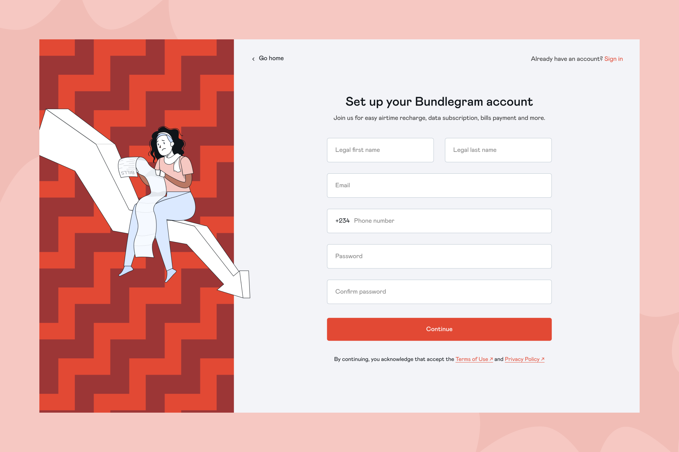 Bundlegram Web Create Account Page