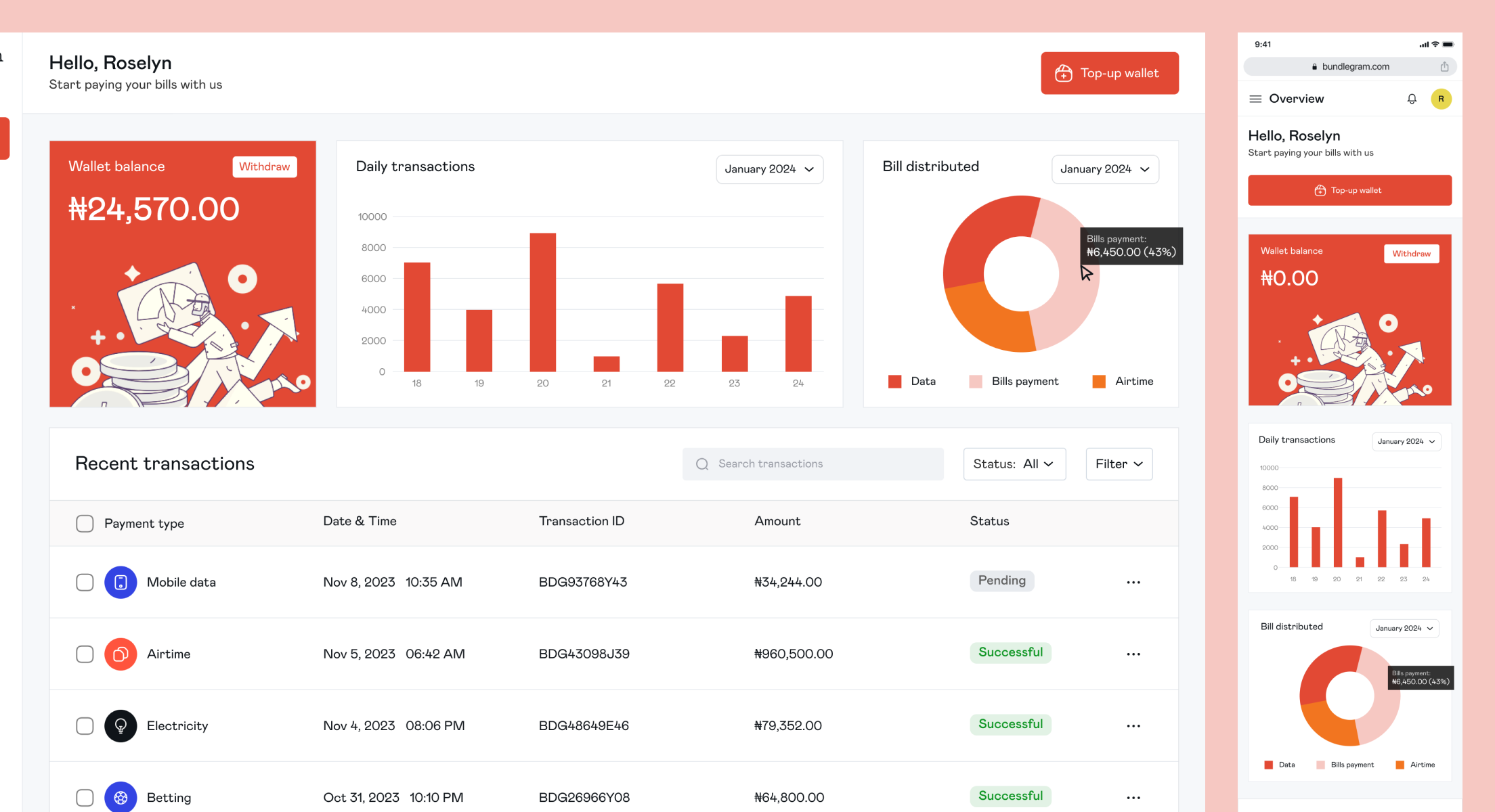 Bundlegram Web Dashboard Page with Mobile View / Responsiveness