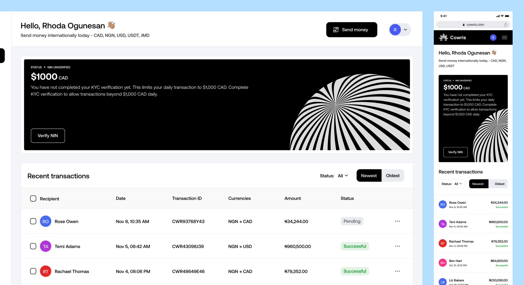 Cowris Dashboard Overview - Web and Mobile