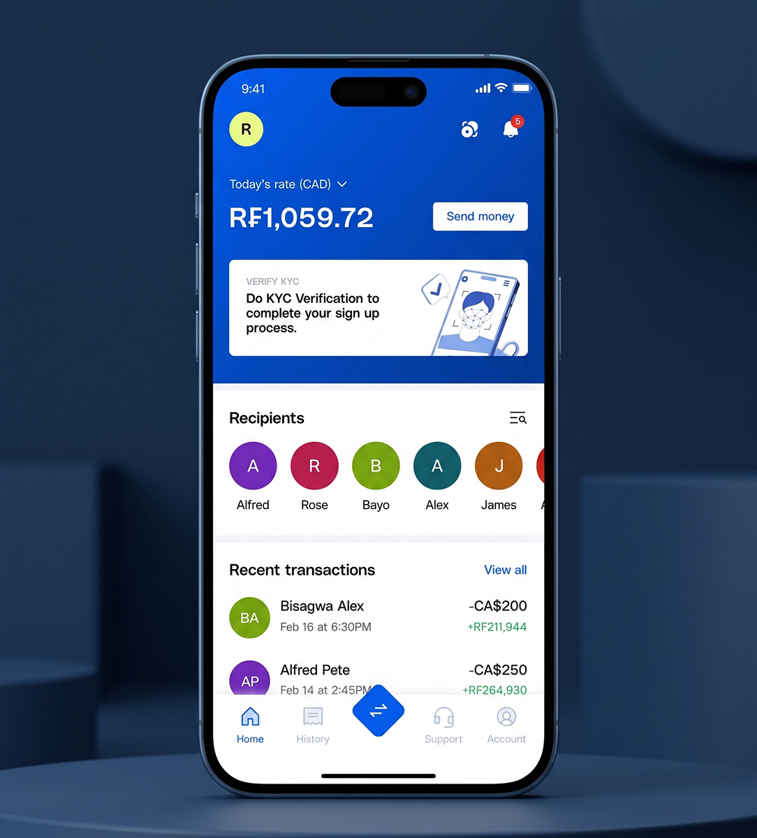 Kiza Transfert Mobile App Home Screen