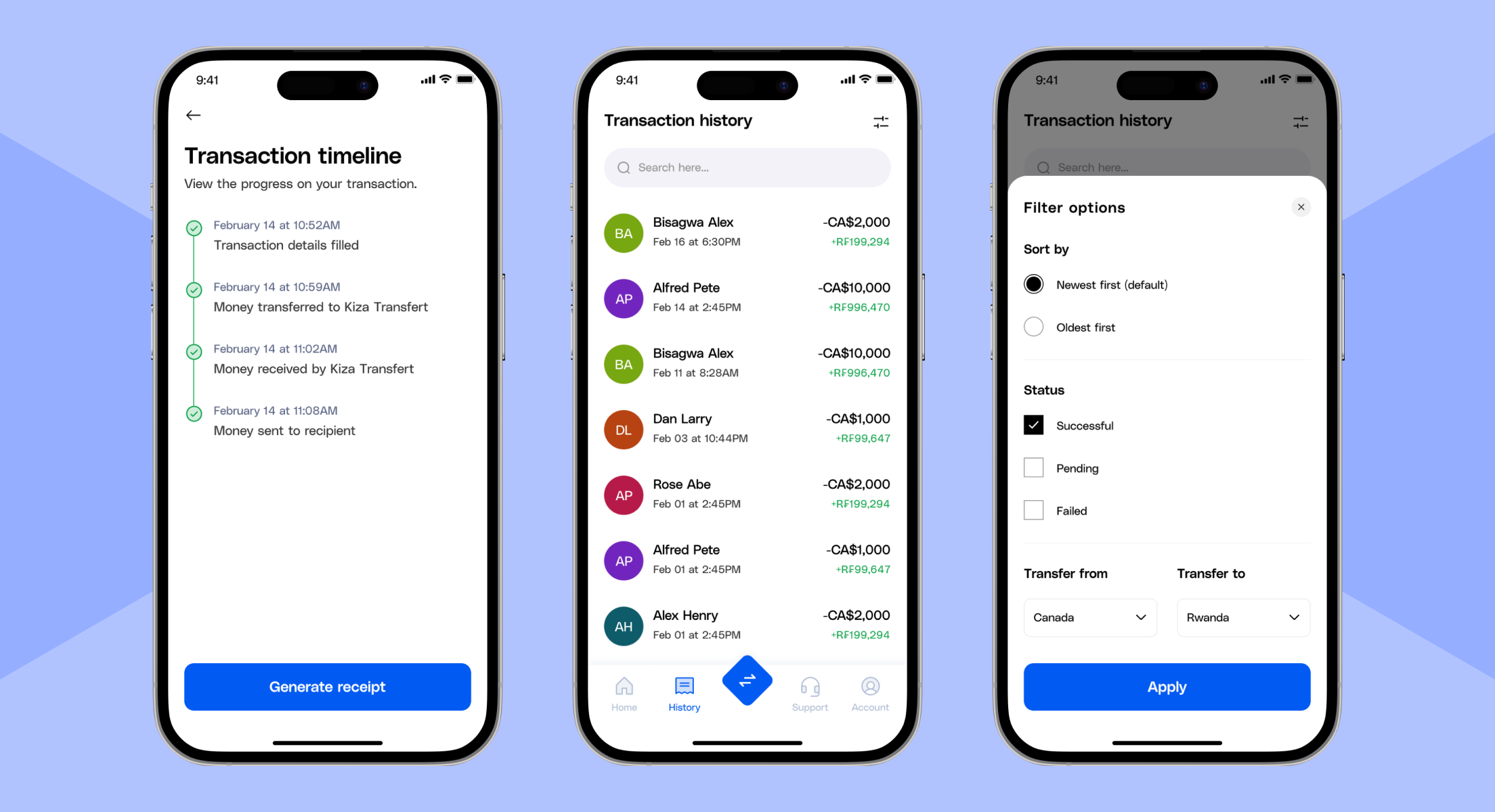 Kiza Transfert Transaction Screens